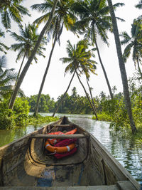 Boat on river against sky