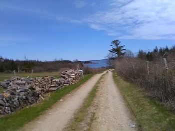 Stack of logs on field against sky