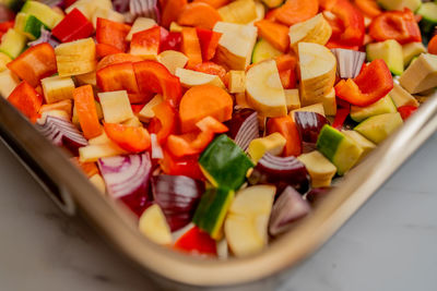 High angle view of chopped vegetables on plate