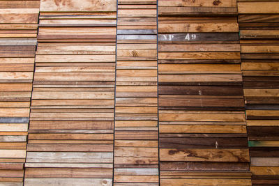 Low angle view of patterned wooden wall
