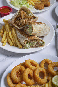 Fast food. oriental food. shawarma, pita twists and battered squid. eastern cuisine dishes.