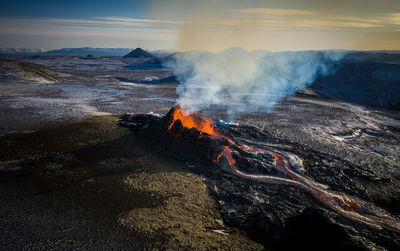 Geldingadalir and fagradalsfjall erupting volcano in reykjanes unesco geopark in iceland