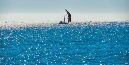 Sailboat sailing on sea against sky