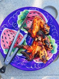 High angle view of meat in plate