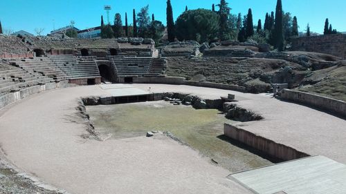 High angle view of old ruins against sky