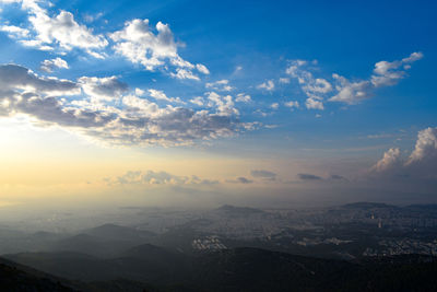 Aerial view of landscape against sky during sunset