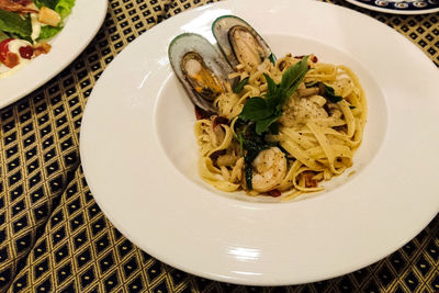 High angle view of meal served on table