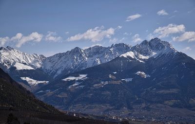 Scenic view of snow covered mountains against sky