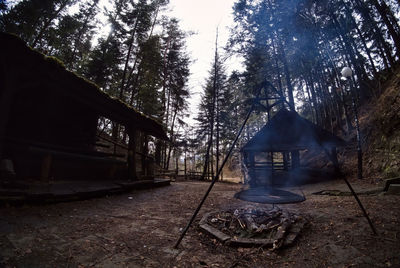 Tent in forest against sky