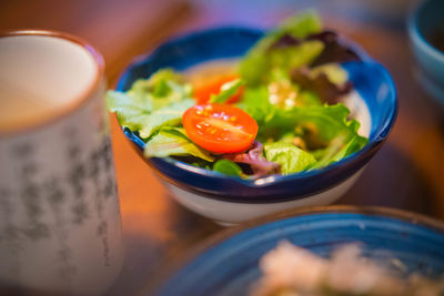 High angle view of breakfast served on table