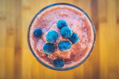 High angle view of drink in glass on table