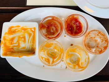 High angle view of breakfast served on table