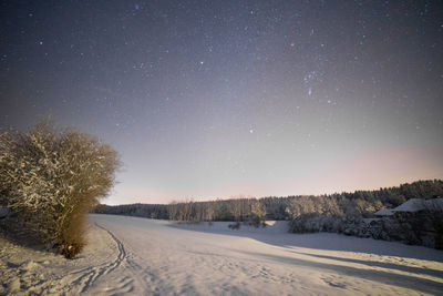 Scenic view of snow covered field against sky at night