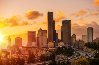 View of city at sunset