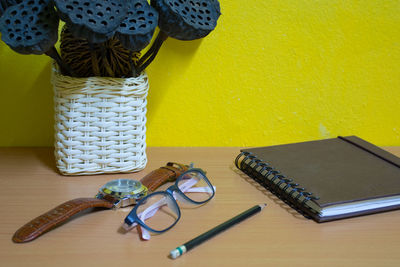 High angle view of books on table