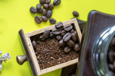 Close-up of roasted coffee beans on table