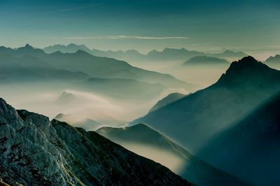 Scenic view of mountains against sky during sunset