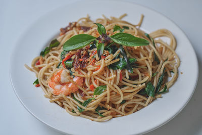 Close-up of pasta served in plate