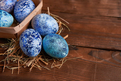 High angle view of eggs in basket