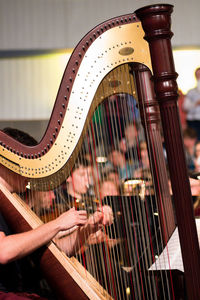 Close-up of harp on concert