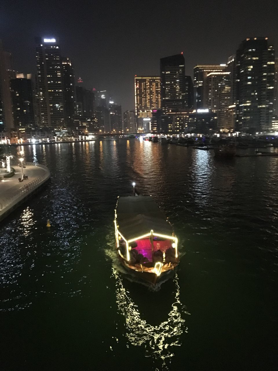 ILLUMINATED BUILDINGS BY RIVER AT NIGHT