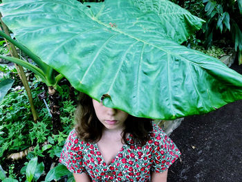 Portrait of girl hiding under leaf