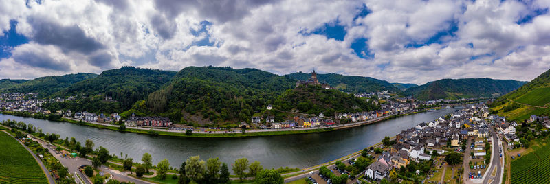 Panorama of cochem with the reichsburg cochem, germany. drone photography. 