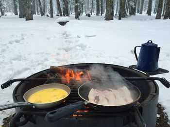 Close-up of meat on snow during winter