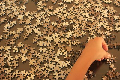 Cropped image of person solving puzzle on floor