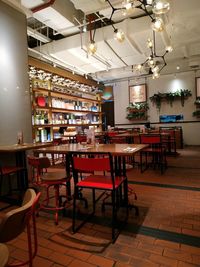 Empty chairs and tables in restaurant