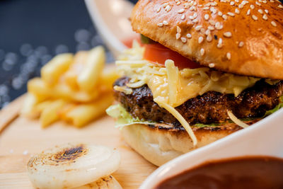 Close-up of burger on table