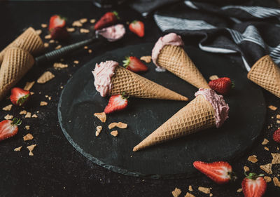 High angle view of dessert on table