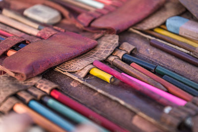 High angle view of multi colored pencils on table