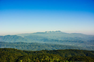 Scenic view of mountains against clear blue sky