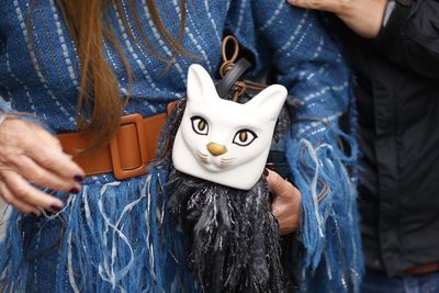 Midsection of woman holding purse with cat figurine