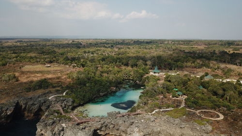 High angle view of land against sky