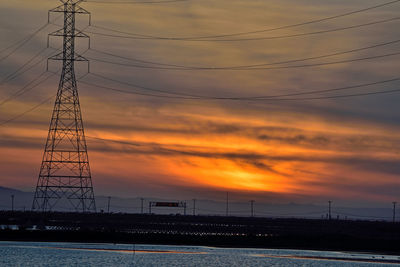 Low angle view of silhouette electricity pylon against sky during sunset