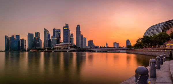 City at waterfront during sunset