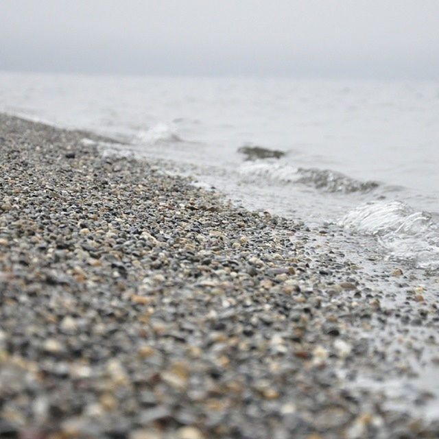 surface level, beach, selective focus, pebble, stone - object, sea, sand, nature, shore, water, close-up, tranquility, day, textured, sky, no people, outdoors, wet, beauty in nature, rock - object