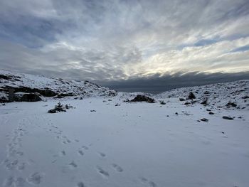 Scenic view of snow covered mountain against sky on the rundemanen in bergen, norway 