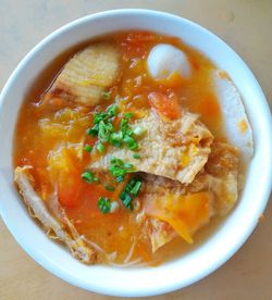 High angle view of soup in bowl