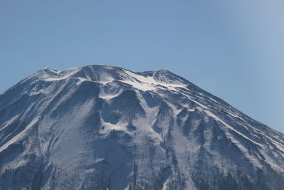 Low angle view of snowcapped mountain against clear sky