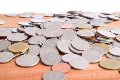 Close-up of coins on table against white background