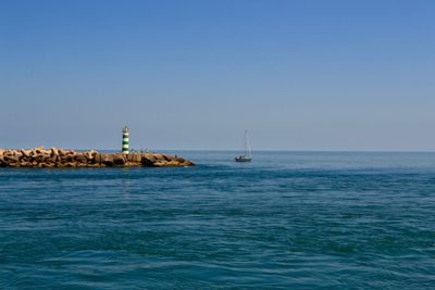 Scenic view of sea against clear blue sky