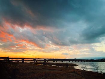 Scenic view of beach against dramatic sky