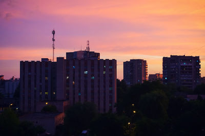 Buildings in city at sunset