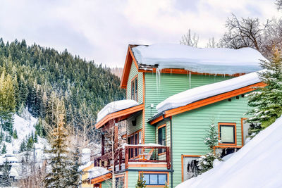 Houses on snow covered landscape against sky