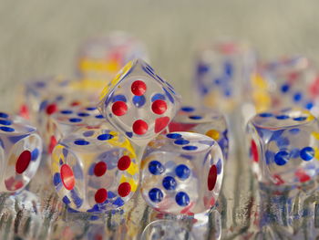 Close-up of multi colored dice
