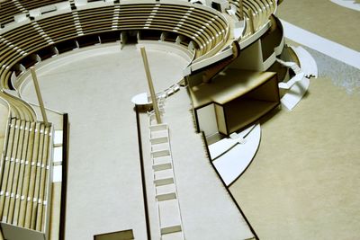 High angle view of spiral staircase on table