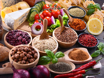 High angle view of various food on table